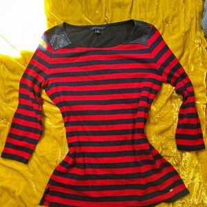 Tommy Hilfiger Striped Red and Navy Blue Leather Accent Women's Top